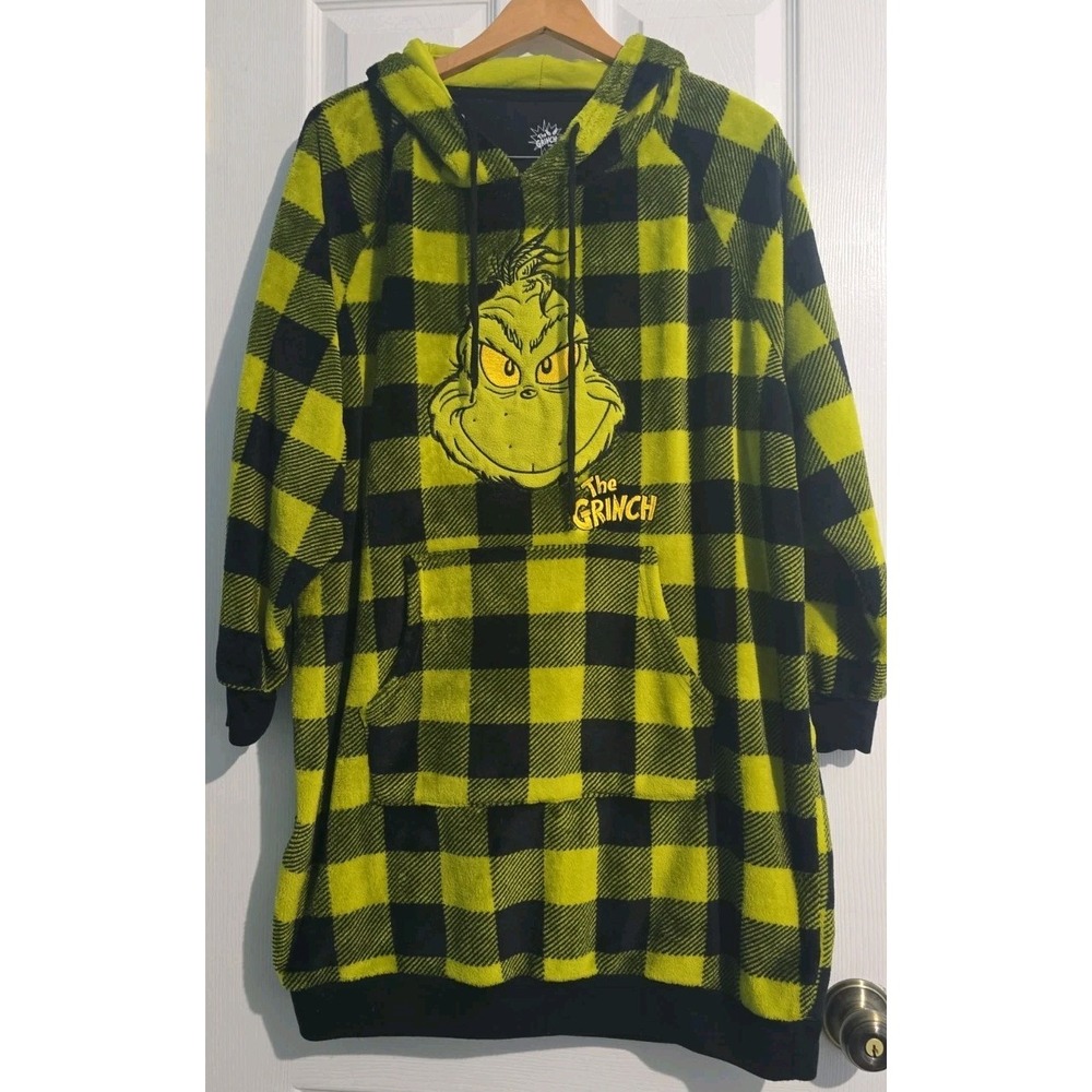 The Grinch Dr. Suess Women's Graphic Nightshirt with Hood Plaid Green Size XL